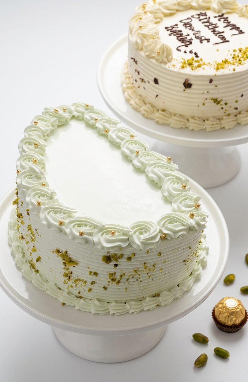 Eggless celebration cake on elegant cake stand