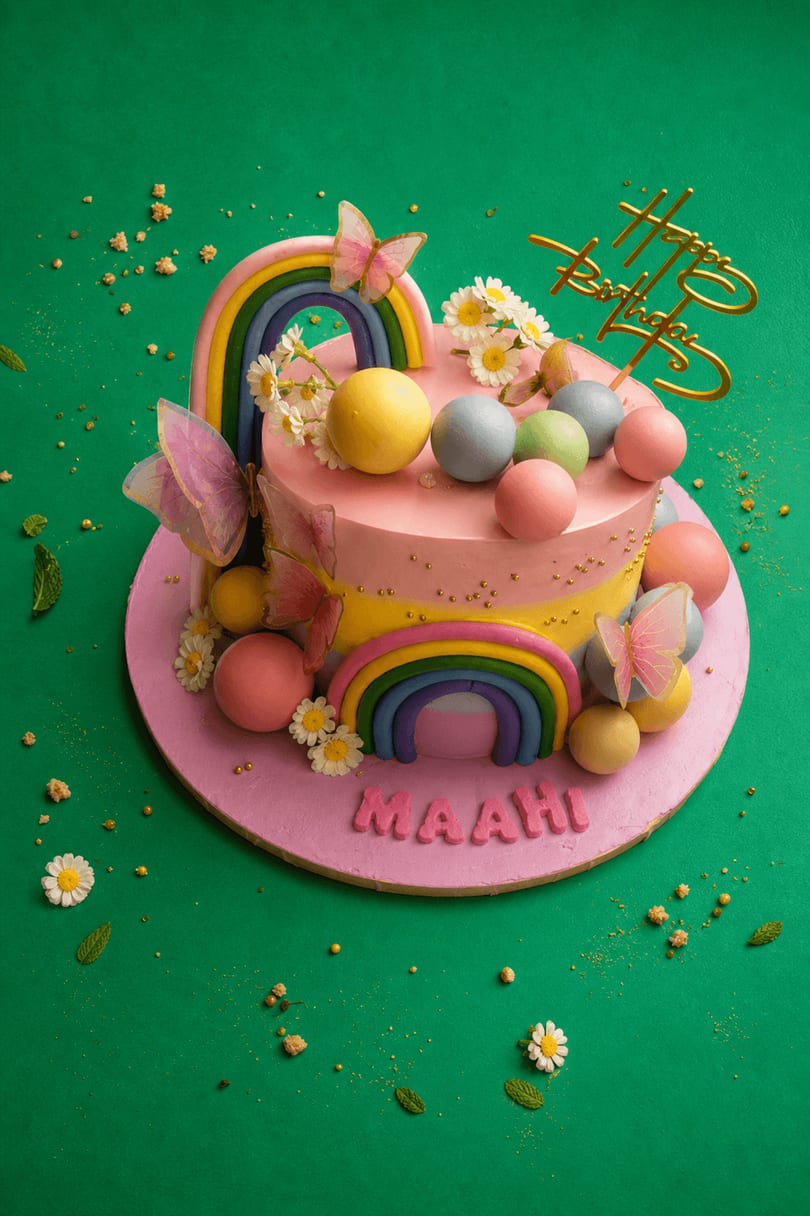 Colorful eggless rainbow cake on elegant cake stand