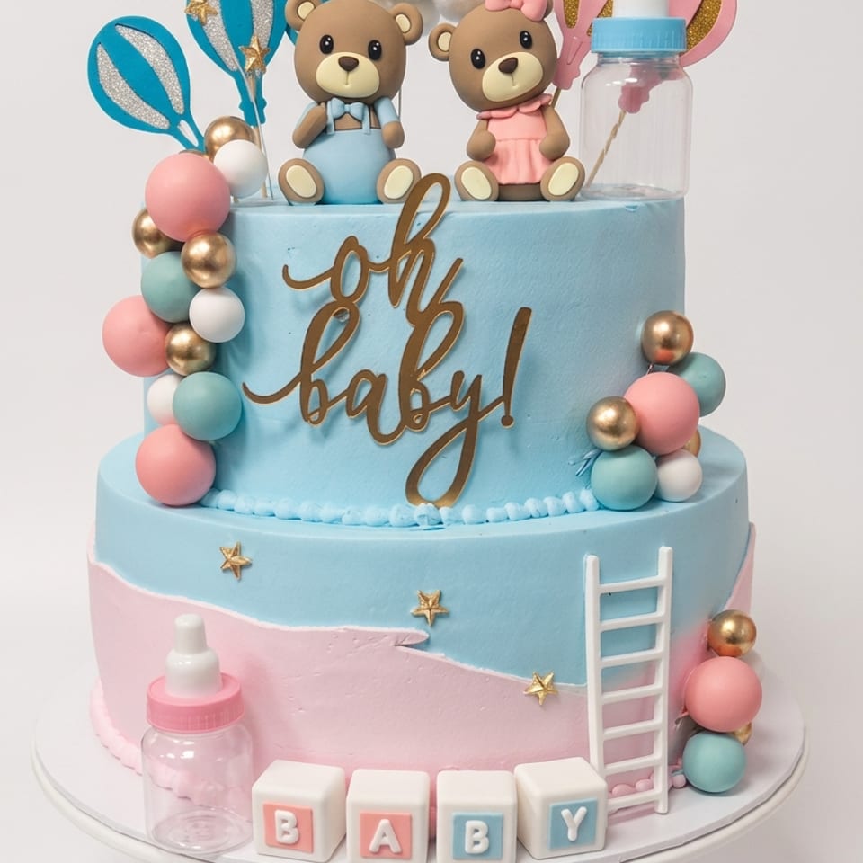 Eggless baby shower cake on elegant cake stand