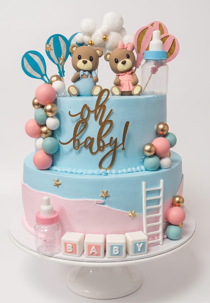 Eggless baby shower cake on elegant cake stand