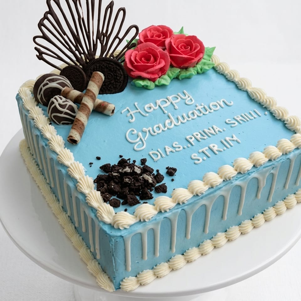 Eggless graduation cake on elegant cake stand