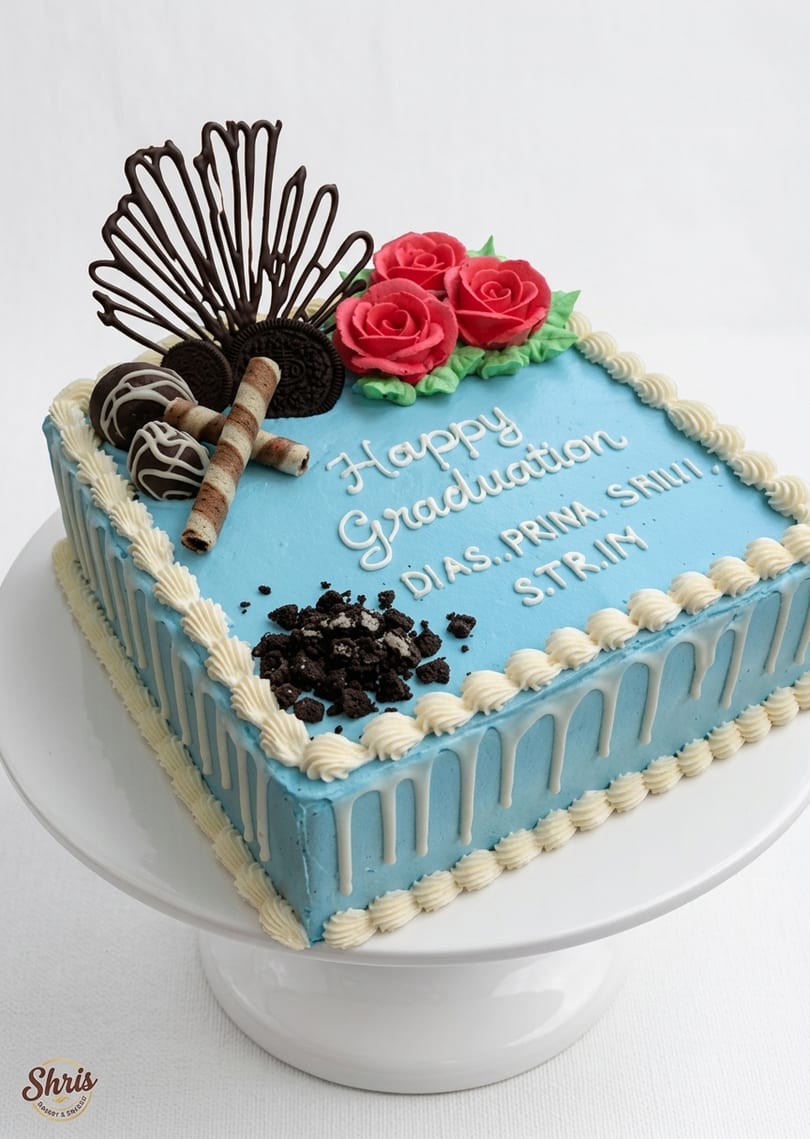 Eggless graduation cake on elegant cake stand