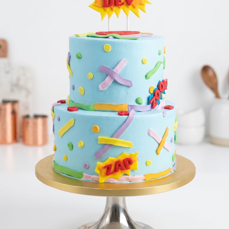 Eggless comic theme cake on elegant cake stand