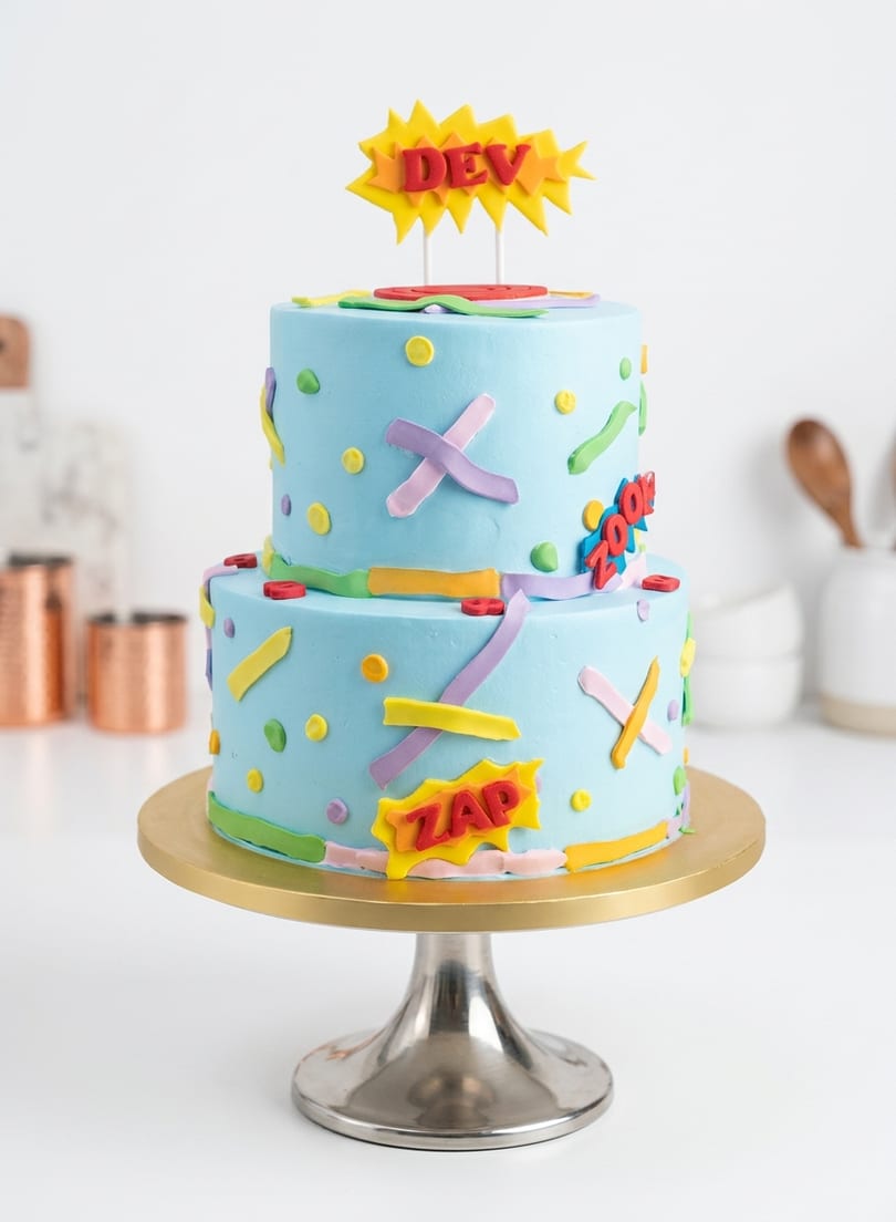 Eggless comic theme cake on elegant cake stand
