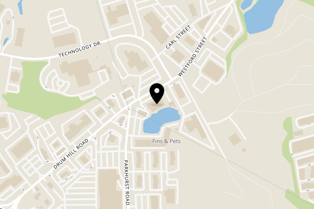 Map showing the location of Shris Bakery & Snacks on 1270 Westford St Unit A in Lowell